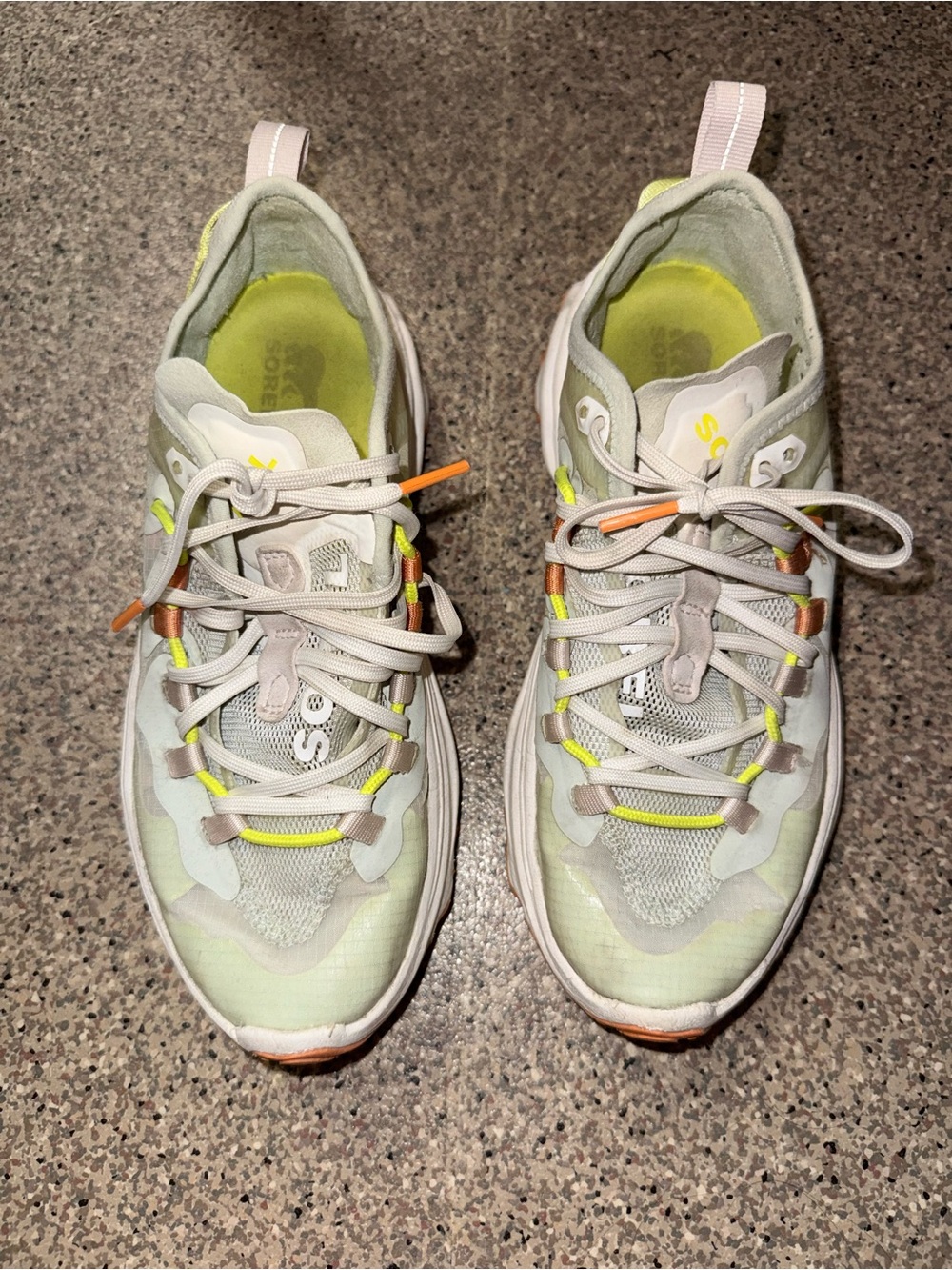 Sorel Women's Light Green and Beige Athletic Sneakers with Neon Accents